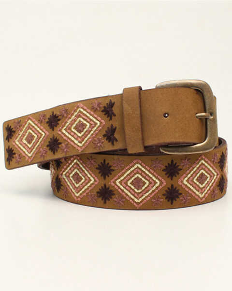 M & F Western Women's Diamond Embroidered Belt , Brown, hi-res