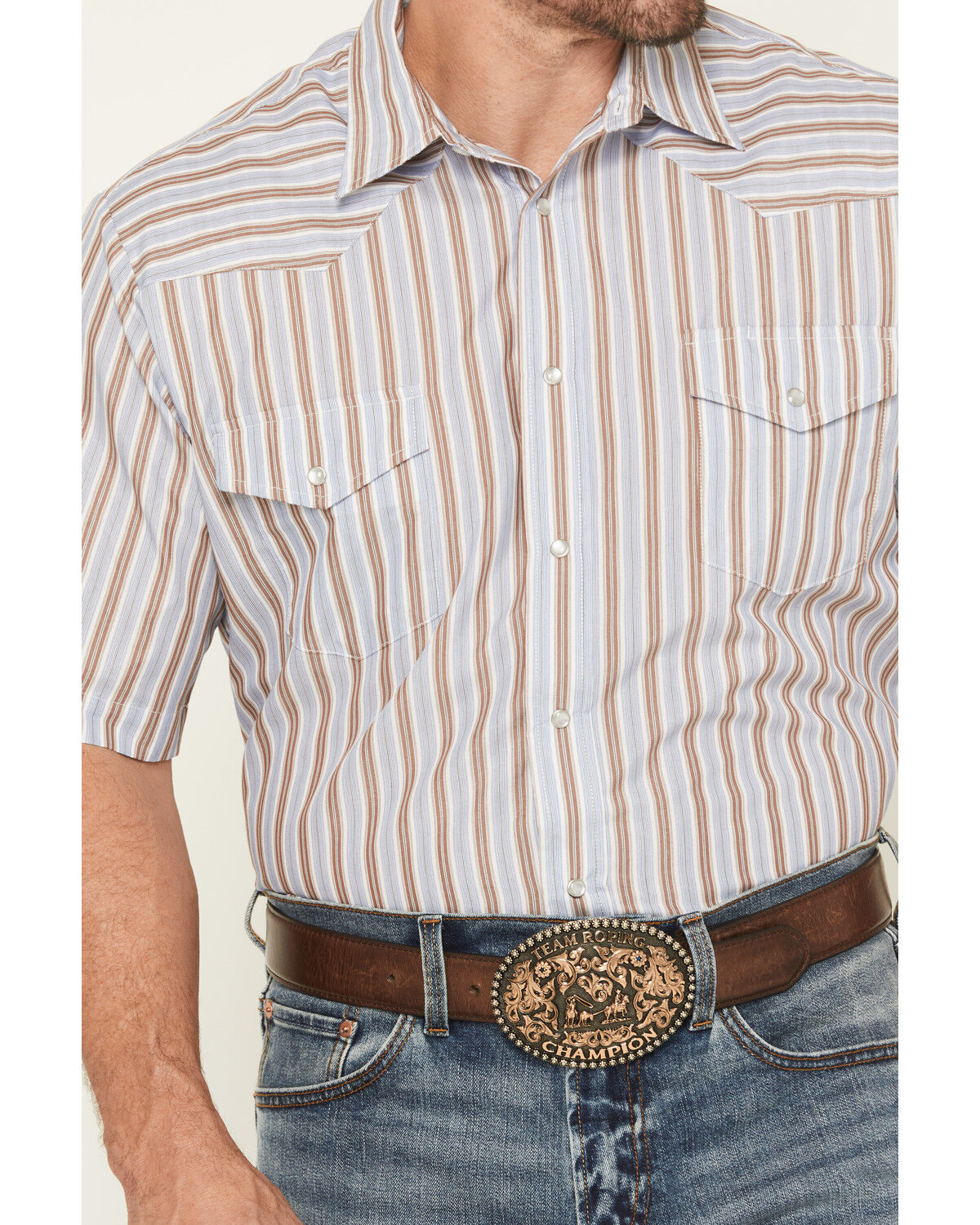 Image #3 - Roper Men's Striped Print Short Sleeve Snap Stretch Western Shirt, Light Blue, hi-res