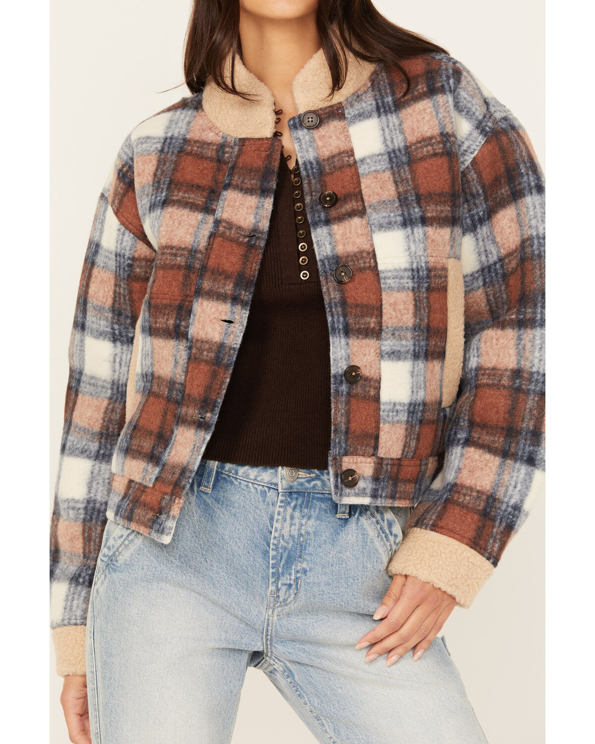 Image #3 - Cleo + Wolf Women's Cropped Plaid Print Jacket, Rust Copper, hi-res