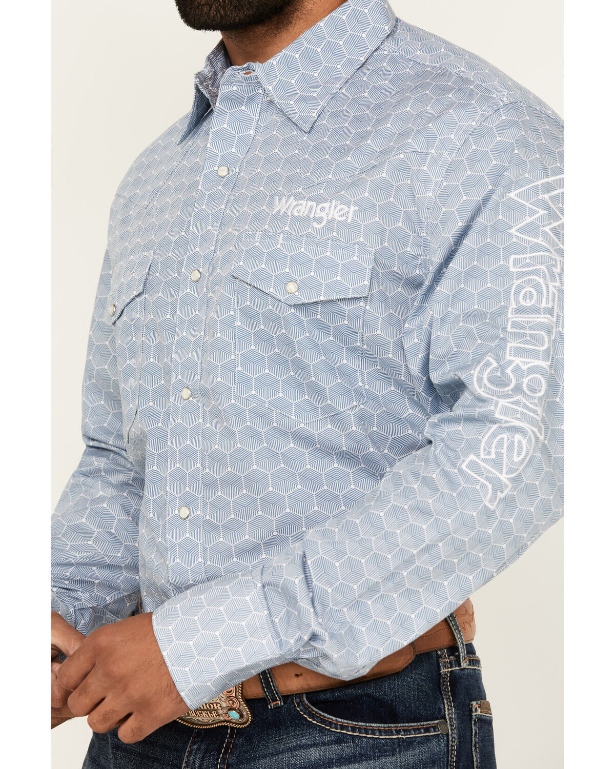 Image #3 - Wrangler Men's Geo Print Logo Long Sleeve Snap Western Shirt - Tall, Blue, hi-res