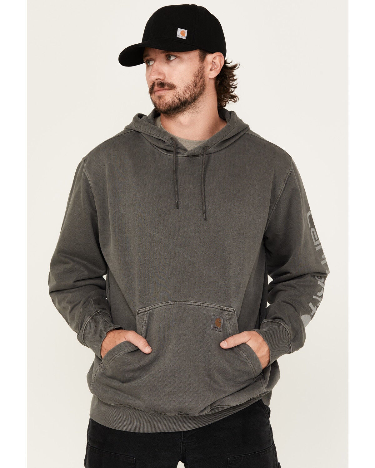 Carhartt Men's Midweight Relaxed Fit Graphic Hooded Sweatshirt, Dark Grey, hi-res