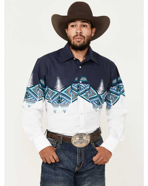 Panhandle Men's Southwestern Border Print Long Sleeve Pearl Snap Western Shirt, White, hi-res