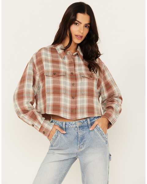 Cleo + Wolf Women's Fall Plaid Print Long Sleeve Cropped Button-Down Shirt , Coffee, hi-res
