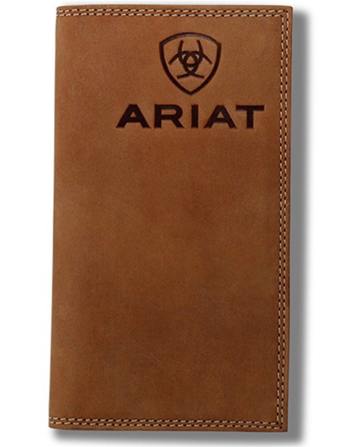 Ariat Men's Embossed Logo Checkbook Wallet, Brown, hi-res