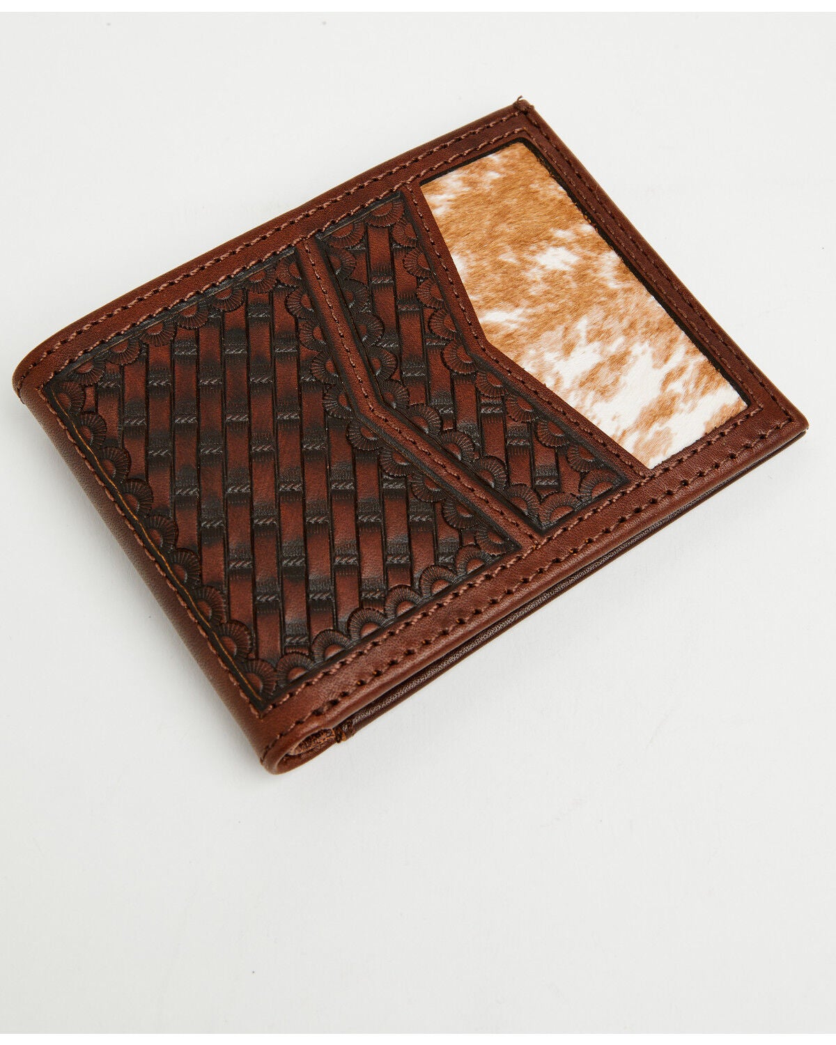 Cody James Men's Hutton Basket Weave Tooled Hair-On Bifold Wallet, Brown, hi-res