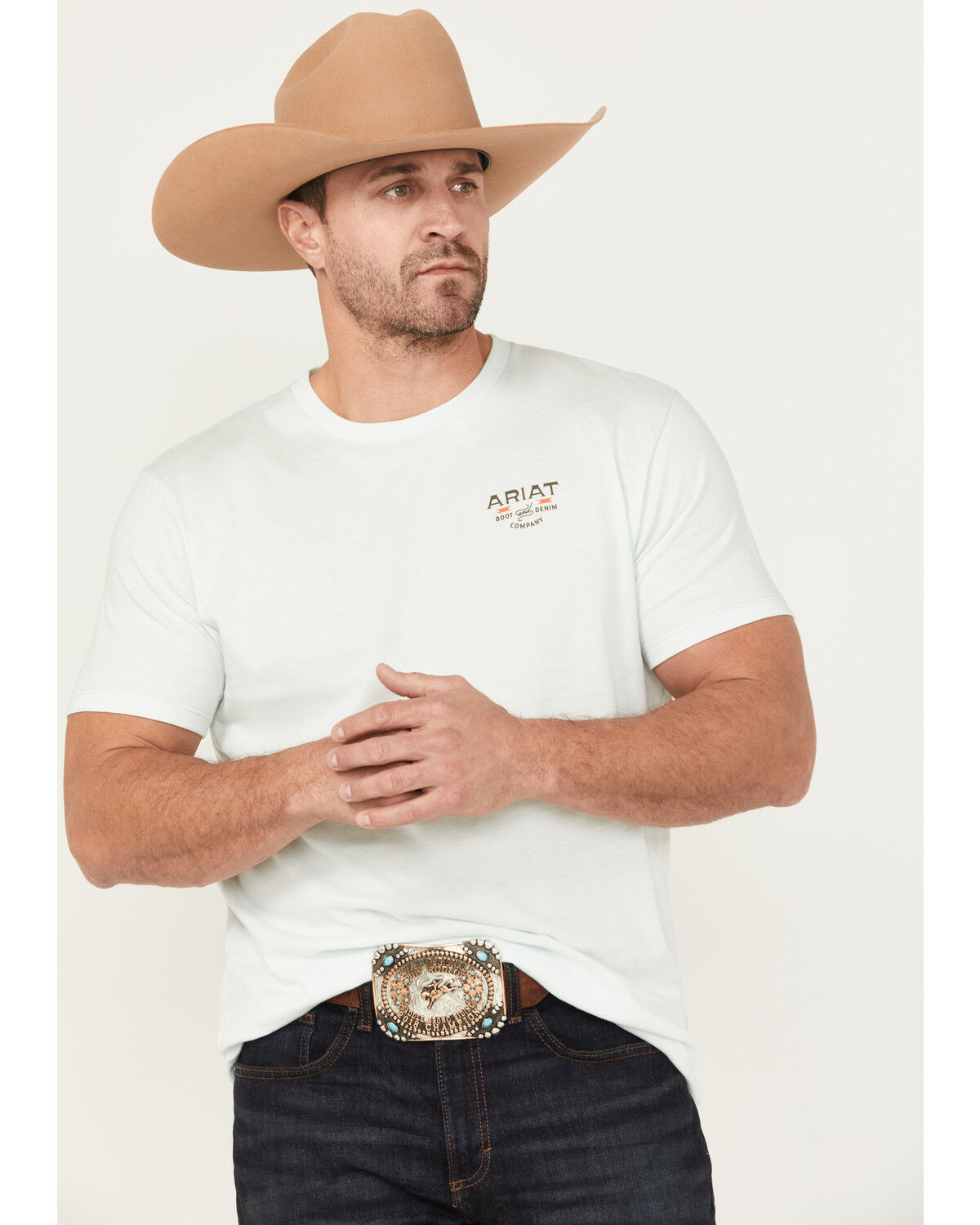 Image #2 - Ariat Men's Horseshoe Short Sleeve Graphic T-Shirt, Light Blue, hi-res