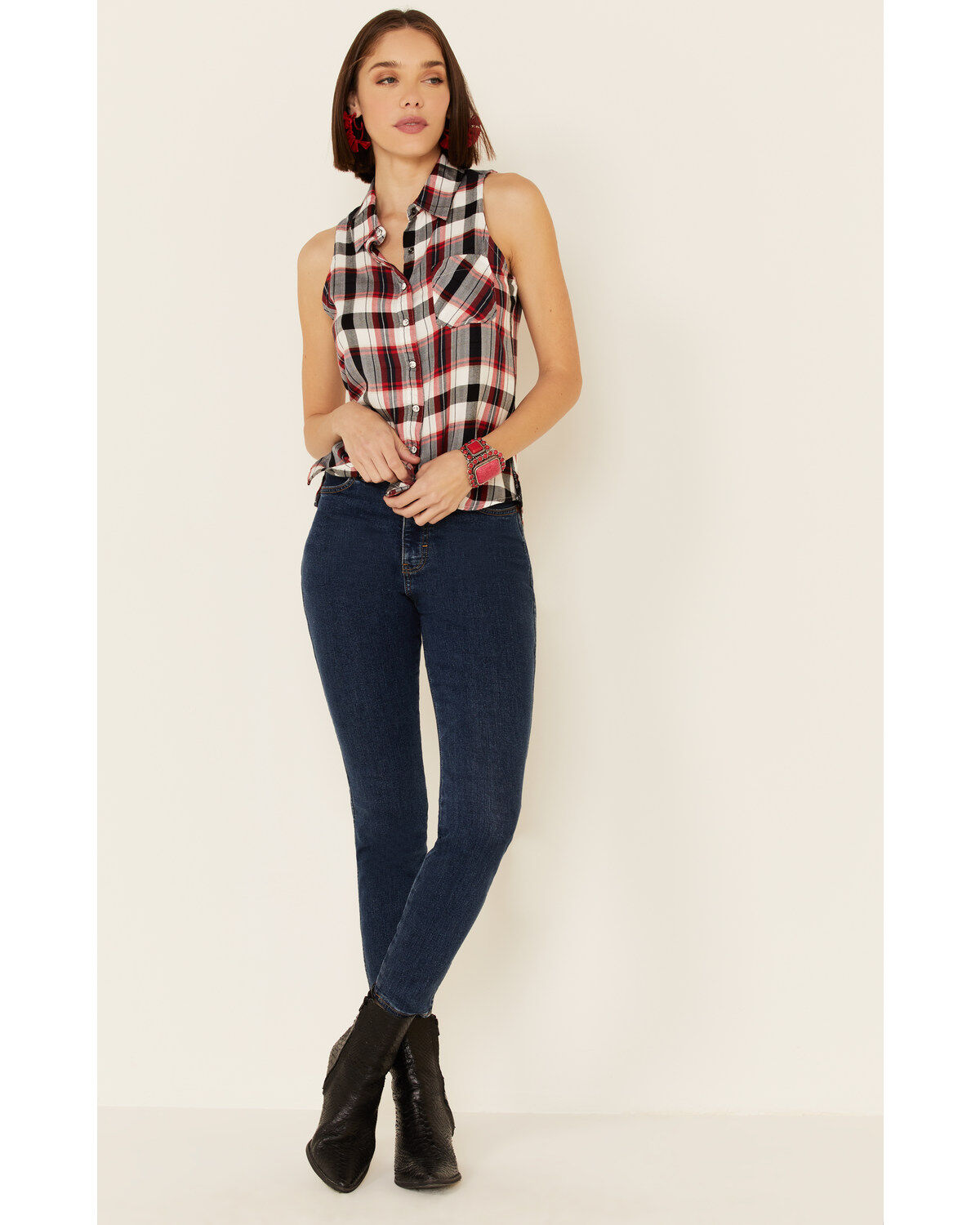 Image #2 - Shyanne Women's Navy Plaid Sleeveless Western Shirt, , hi-res