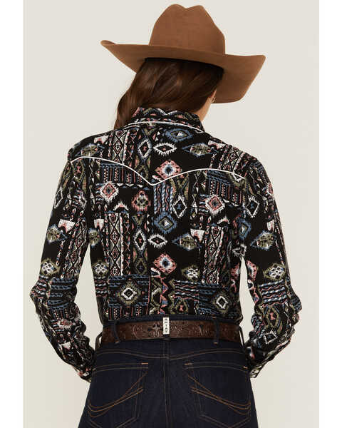 Panhandle Women's Southwestern Print Long Sleeve Western Pearl Snap Shirt, Black, hi-res