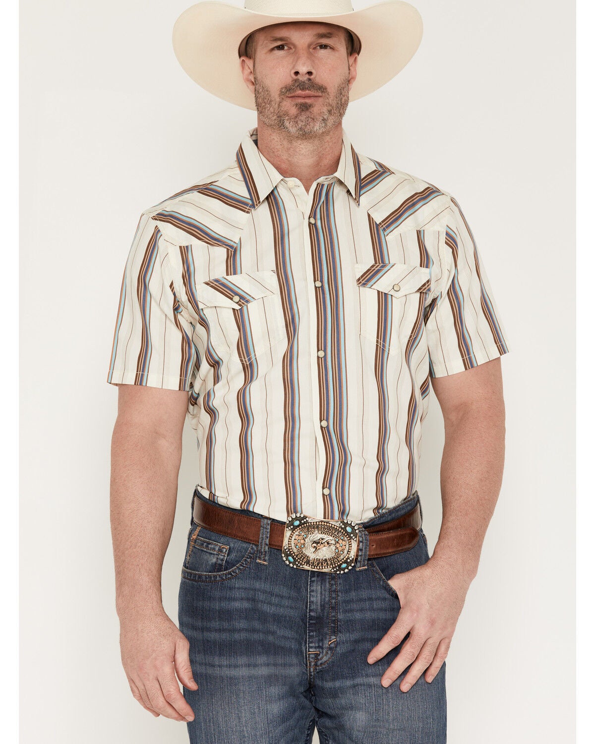 Cody James Men's Bootlegger Stripe Print Short Sleeve Snap Western Shirt, Cream, hi-res