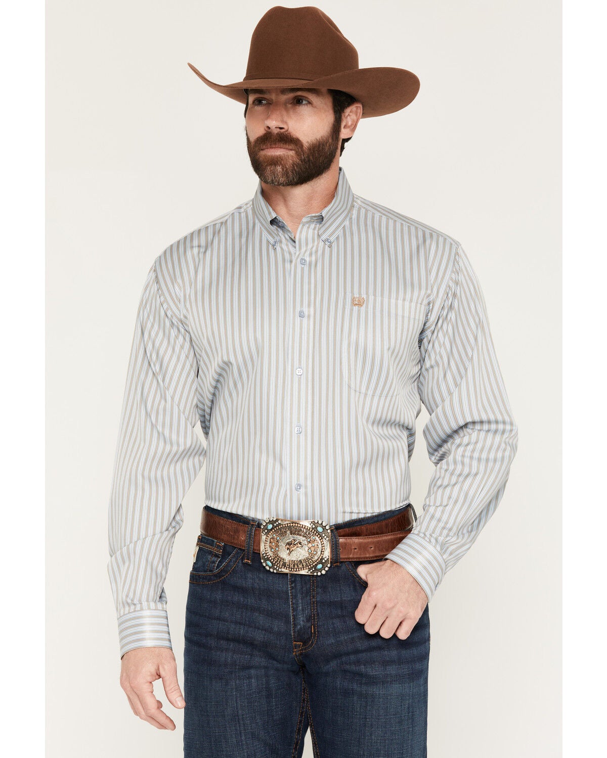 Image #1 - Cinch Men's Tencel&trade; Striped Long Sleeve Button-Down Western Shirt, Light Blue, hi-res