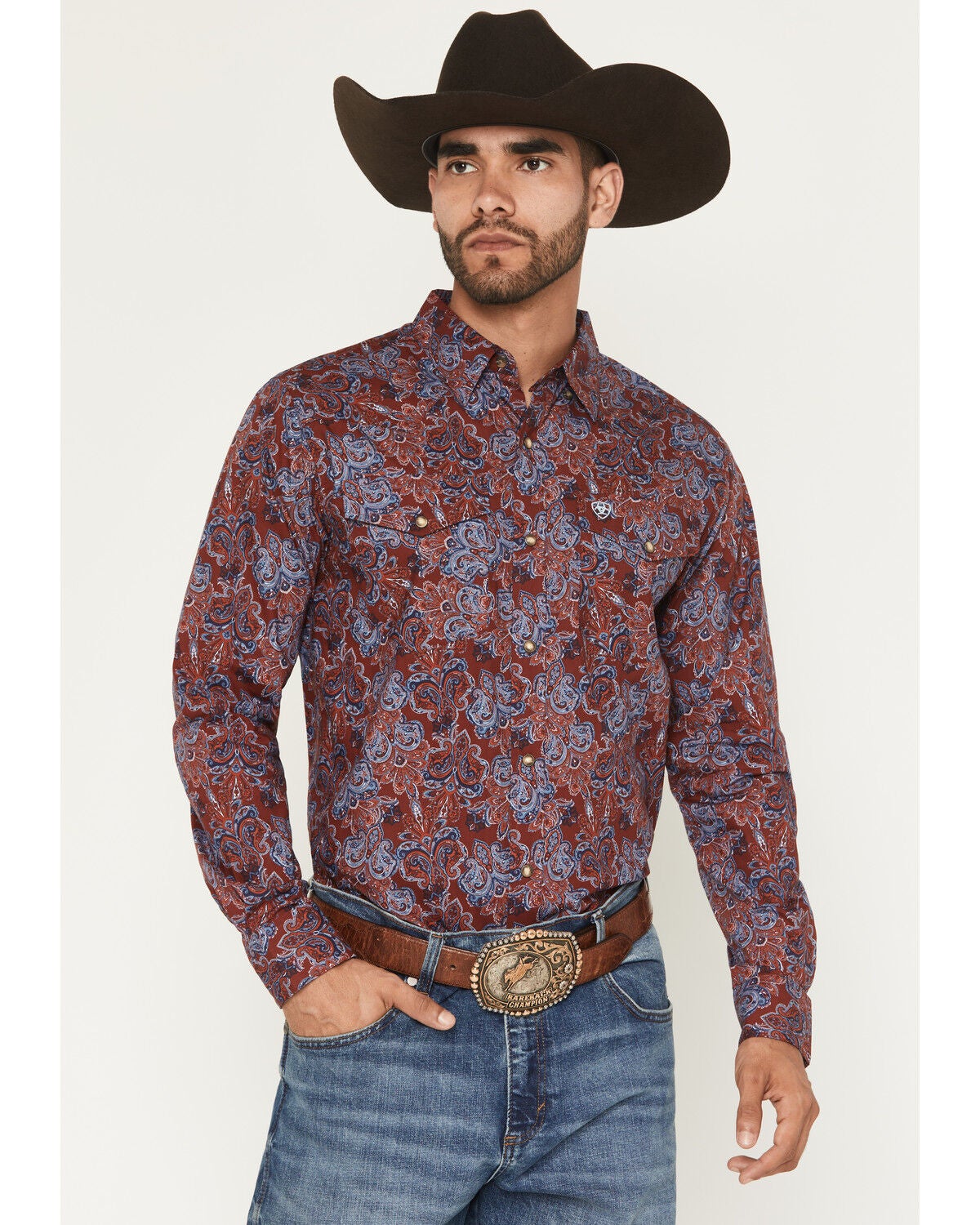 Ariat Men's Tyrone Paisley Print Long Sleeve Snap Western Shirt, Dark Red, hi-res