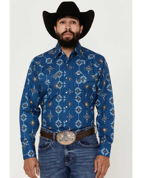 Ely Walker Men's Southwestern Print Long sleeve Pearl Snap Western Shirt, Indigo, hi-res