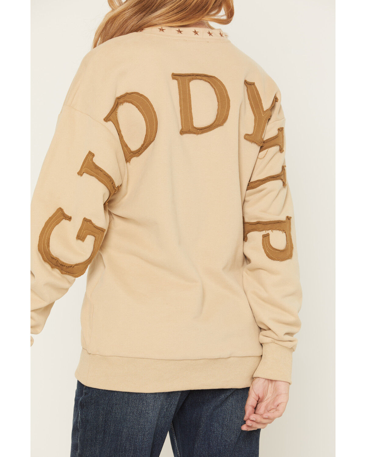Image #4 - Blue B Women's Embroidered Giddy Up Patch Crewneck Sweatshirt, Tan, hi-res