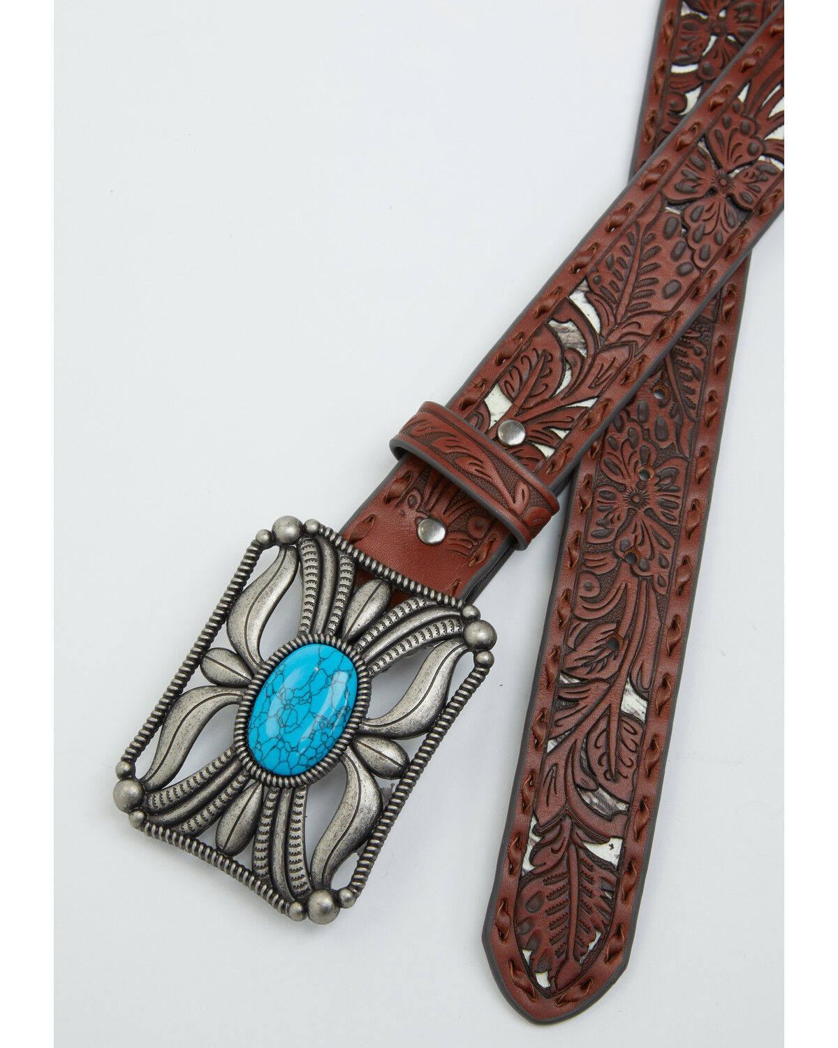 Image #2 - Shyanne Women's Indiana Inlay Filigree Leather Buckle Belt, Brown, hi-res