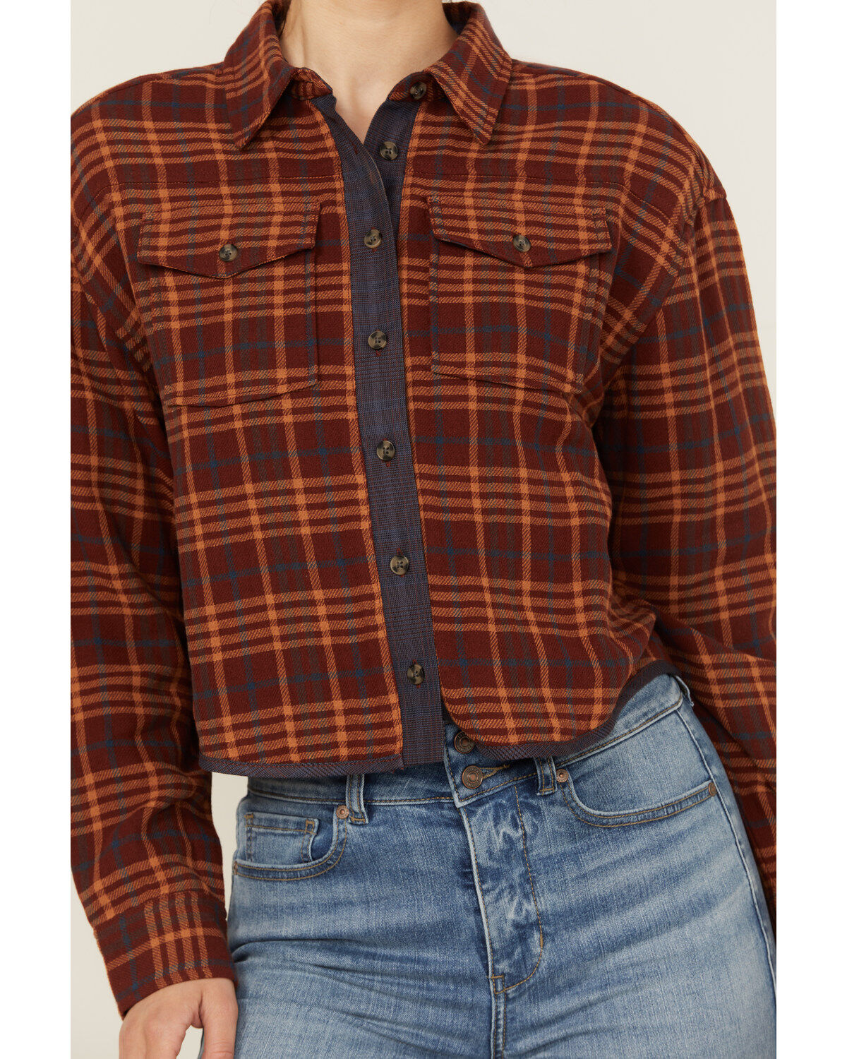 Image #3 - Cleo + Wolf Women's Chelsea Plaid Print Long Sleeve Button-Down Cropped Shirt, Brandy Brown, hi-res