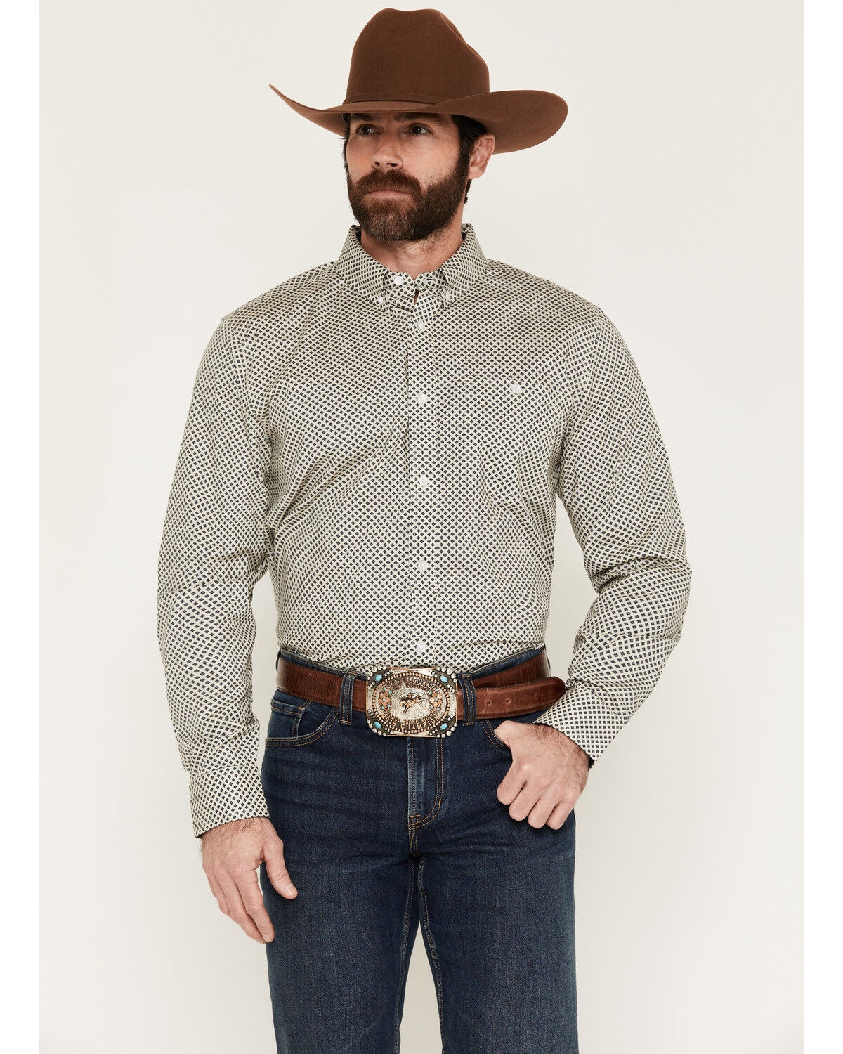 RANK 45&reg; Men's Thorn Geo Print Long Sleeve Button-Down Stretch Western Shirt, Ivory, hi-res