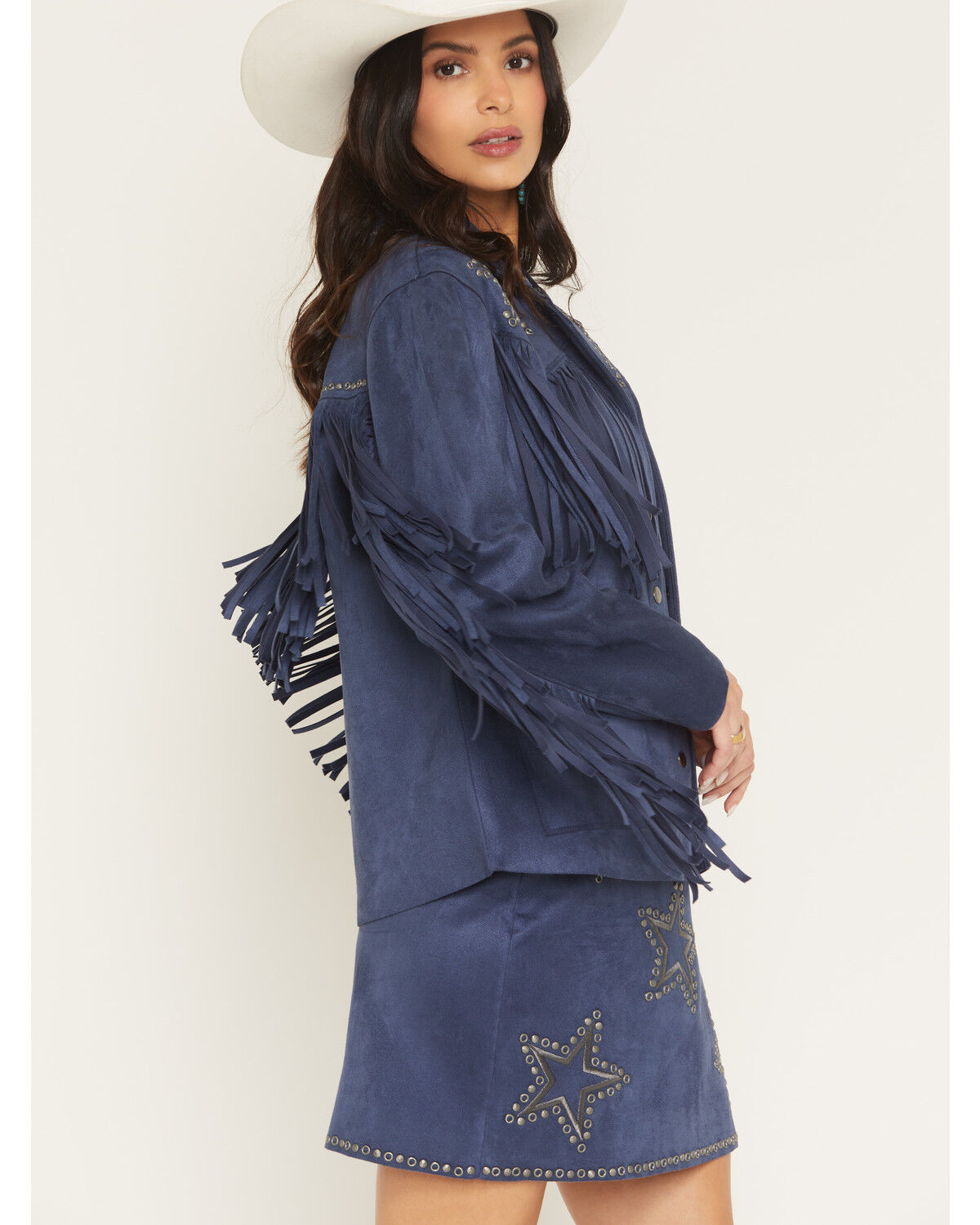 Image #2 - Idyllwind Women's Lonestar Fringe and Studded Faux Suede Jacket, Dark Blue, hi-res