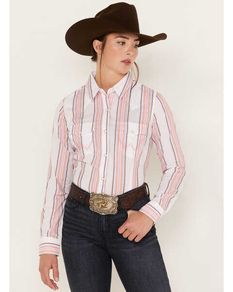 Wrangler Women's Striped Long Sleeve Western Snap Shirt, Pink, hi-res