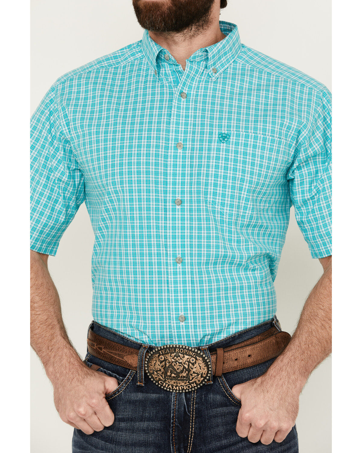 Image #3 - Ariat Men's Jensen Plaid Print Short Sleeve Button-Down Performance Western Shirt, Turquoise, hi-res