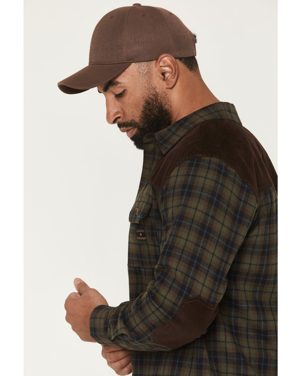 Image #2 - Lucky Brand Workwear Men's Plaid Print Flannel Corduroy Yoke Work Shirt, Olive, hi-res
