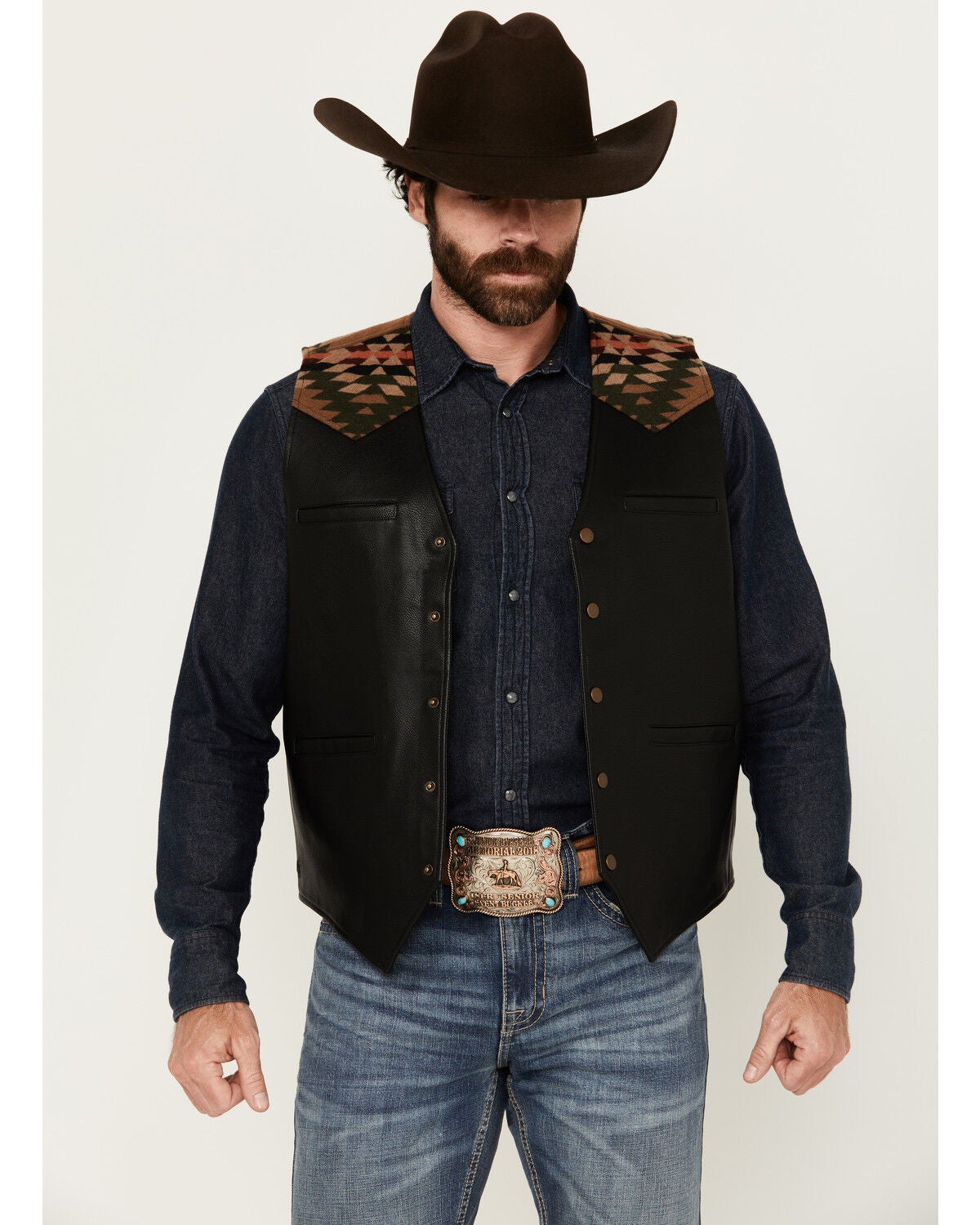 Moonshine Spirit Men's Alamo Southwestern Print Snap Vest, Black, hi-res