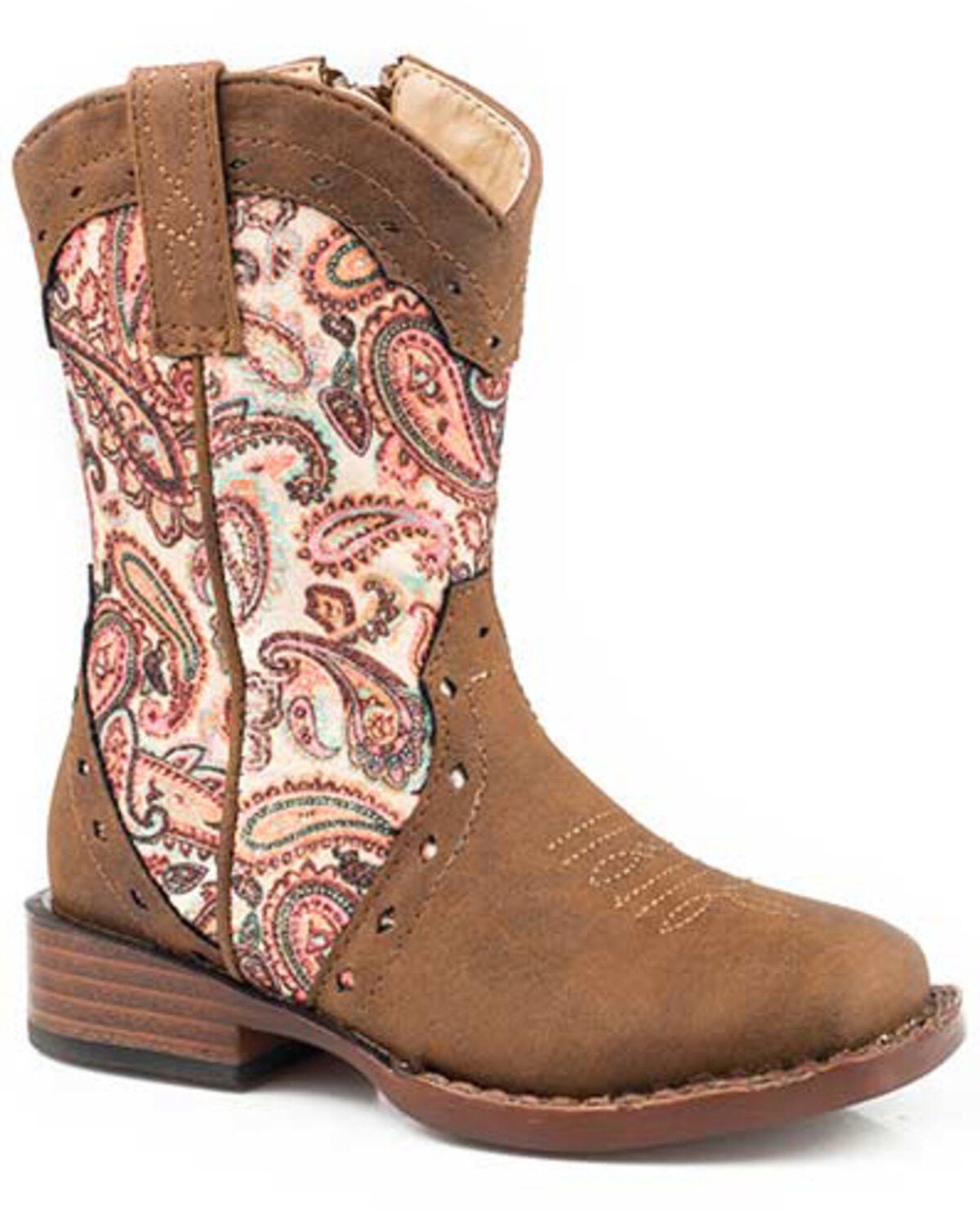 Roper Girls' Glitter Geo Print Western Boots - Round Toe, Brown, hi-res