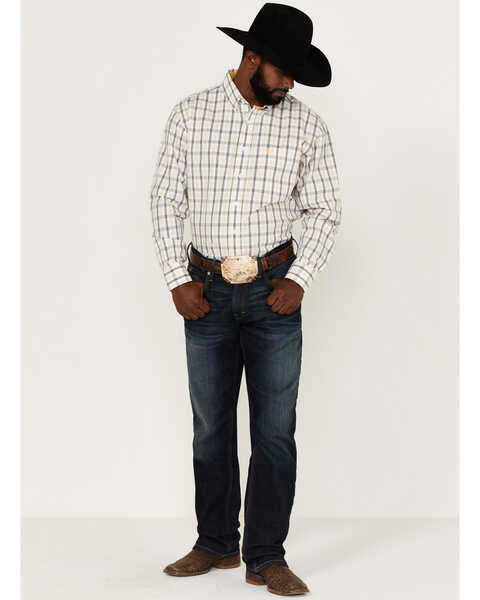 Panhandle Select Men's Plaid Print Long Sleeve Button Down Western Shirt , Yellow, hi-res
