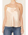 Lush Women's Satin Draped Lace Trim Camisole Top, Taupe, hi-res