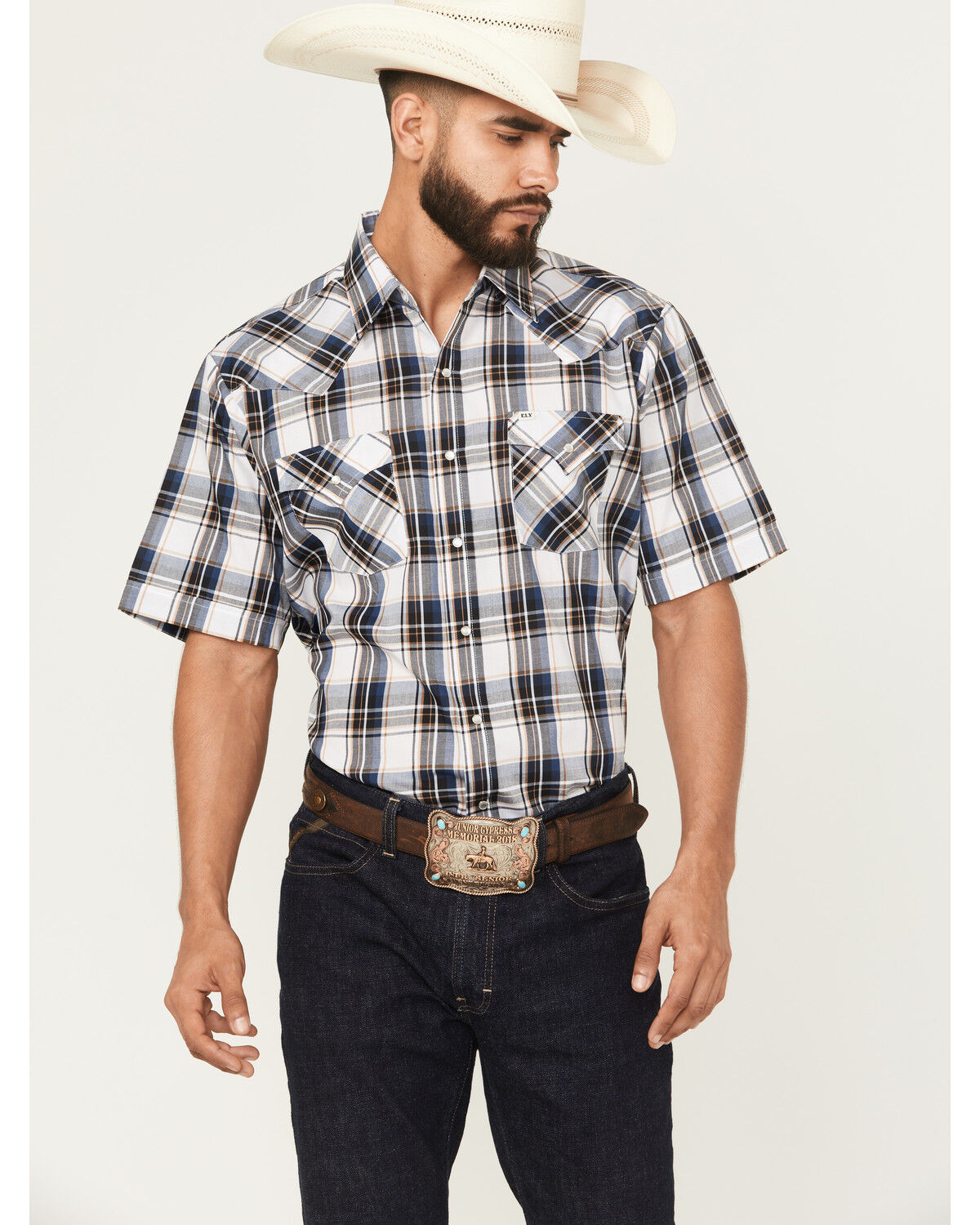 Image #1 - Ely Walker Men's Plaid Print Short Sleeve Snap Western Shirt - Big, , hi-res