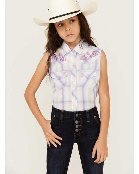 Ely Walker Girls' Plaid Print Embroidered Sleeveless Pearl Snap Western Shirt , Lavender, hi-res