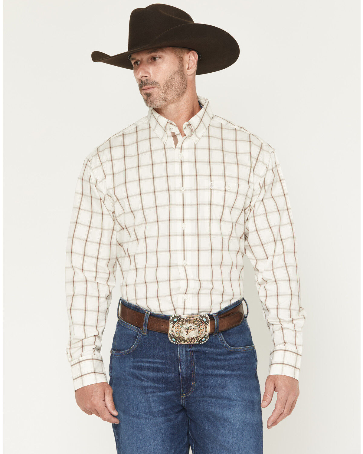 Image #1 - George Strait by Wrangler Men's Plaid Print Long Sleeve Button-Down Stretch Western Shirt, Cream, hi-res