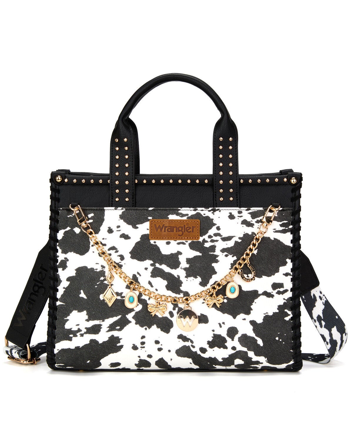 Image #1 - Wrangler X Boot Barn Women's Cow Print Tote with Chain, Black, hi-res