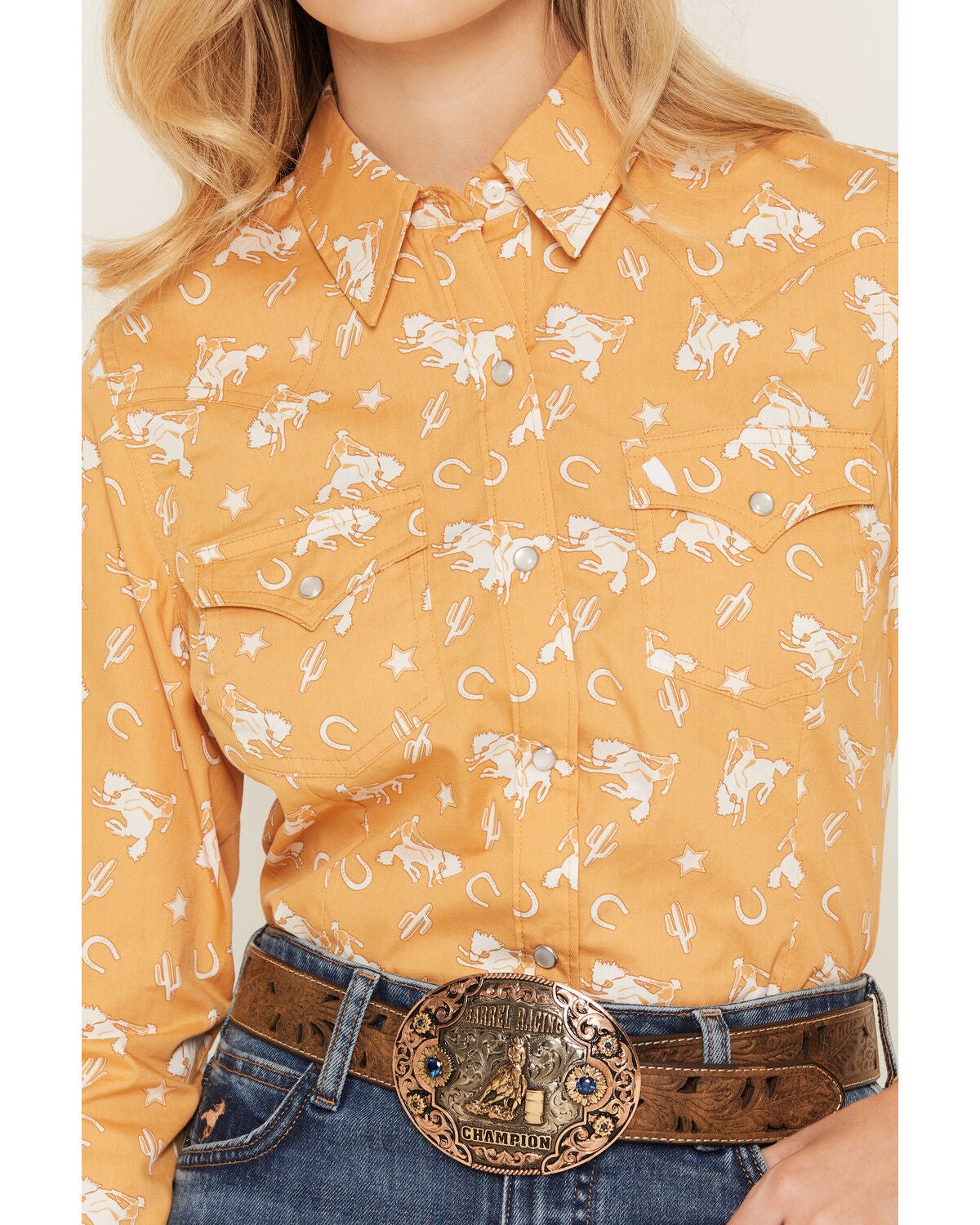 Image #3 - Wrangler Retro Women's Boot Barn Exclusive Rider Long Sleeve Snap Western Shirt, Mustard, hi-res