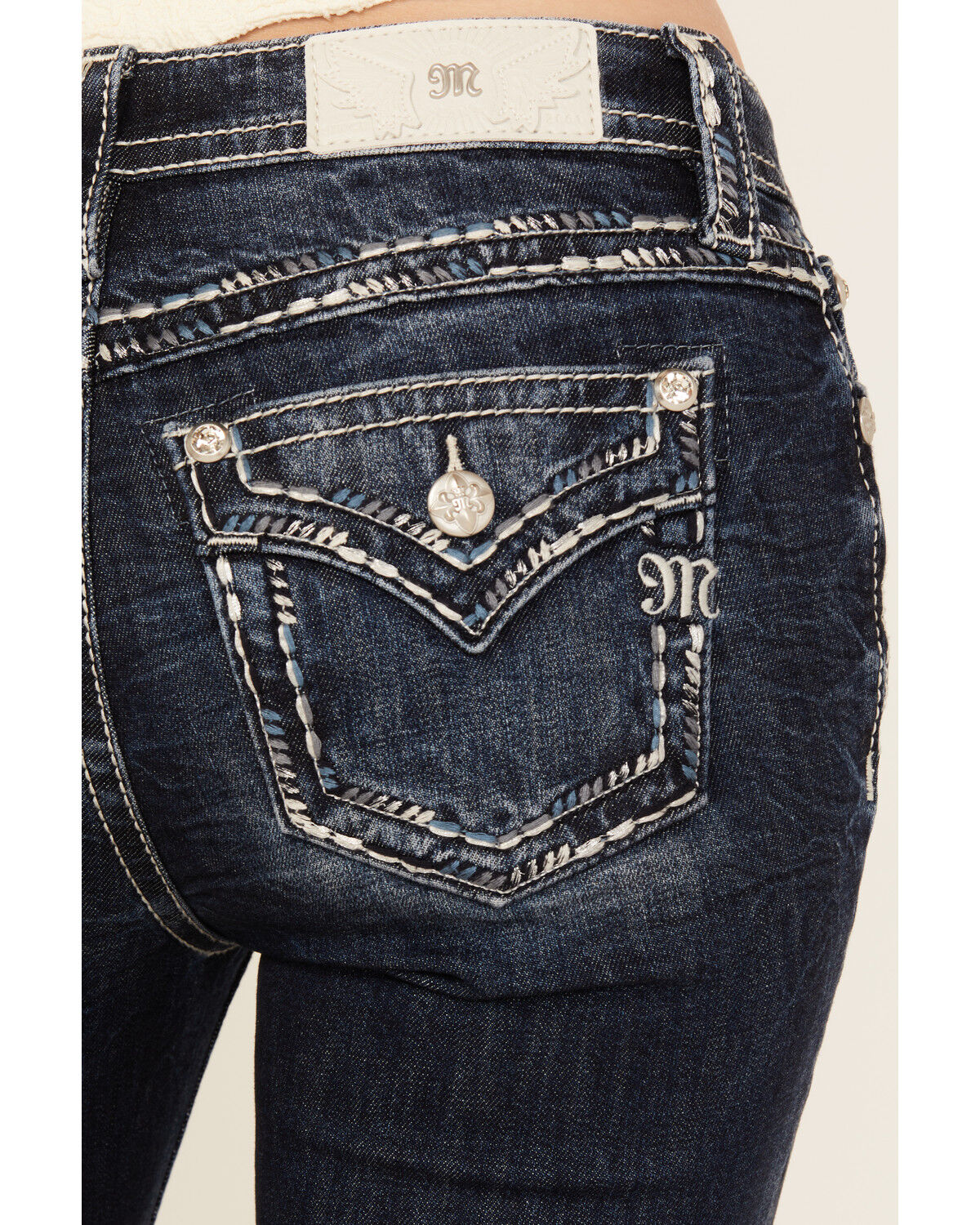 Product Name:  Miss Me Women's Dark Wash Mid Rise Whip Stitch Pocket Bootcut Stretch Denim Jeans