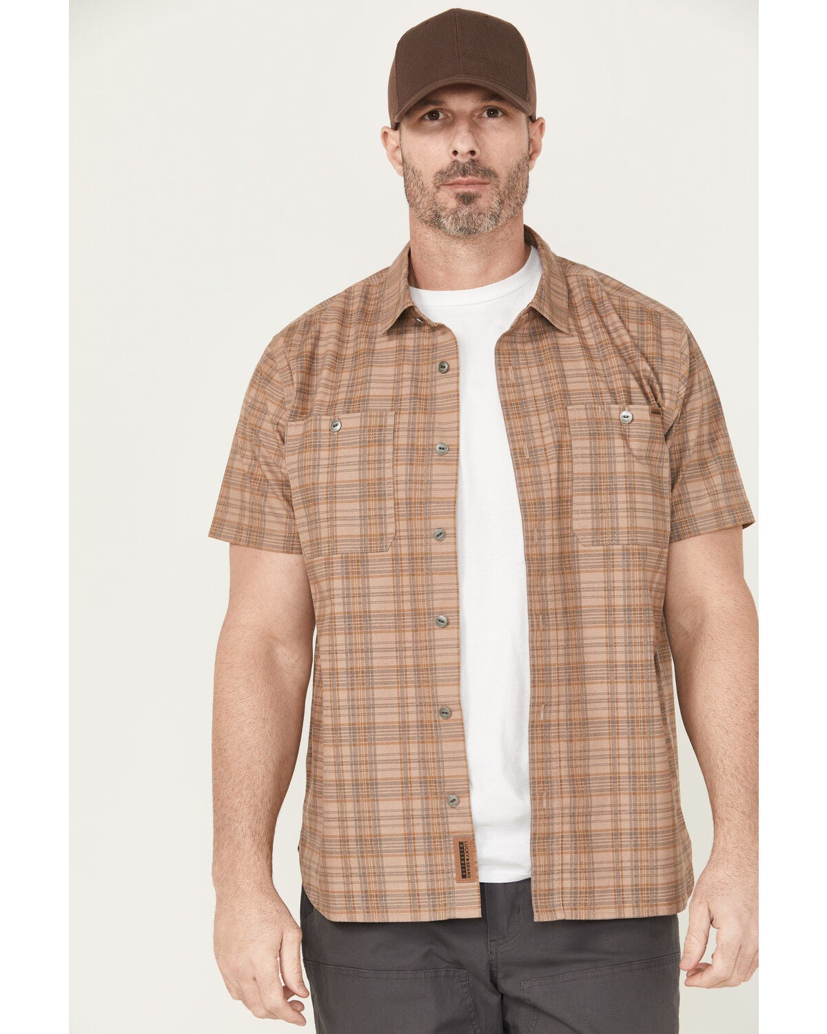 Lucky Brand Workwear Men's Plaid Print Short Sleeve Button-Down Work Shirt, Tan, hi-res