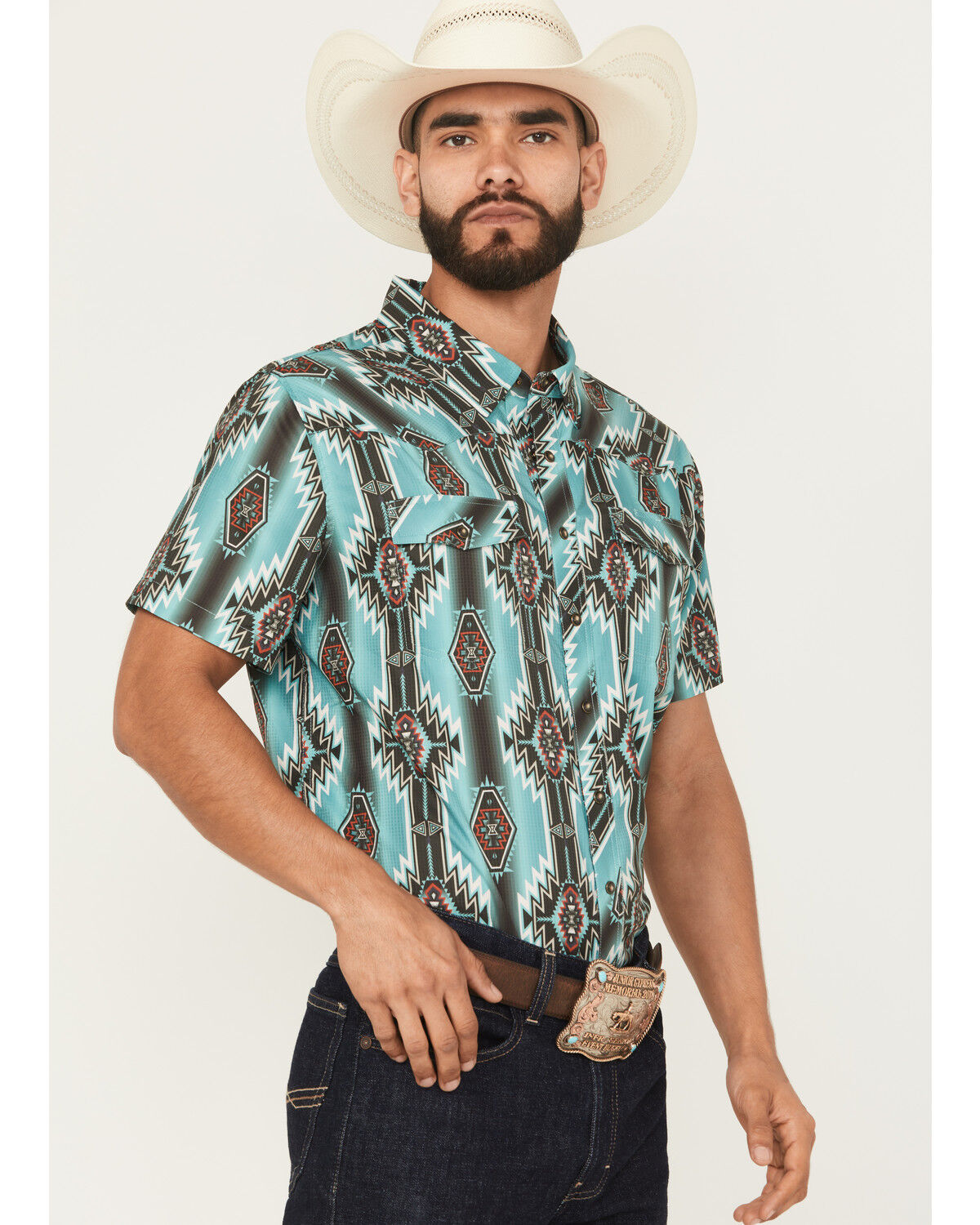 Product Name:  Rock & Roll Denim Men's Boot Barn Exclusive Tek Southwestern Short Sleeve Snap Stretch Western Shirt