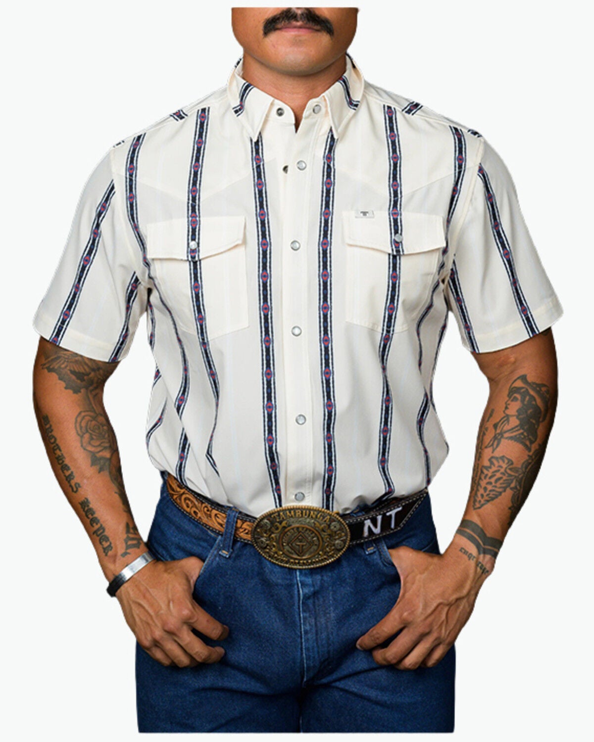 Ferrell Men's Tek Outlaw Southwestern Striped Print Short Sleeve Snap Performance Western Shirt, White, hi-res