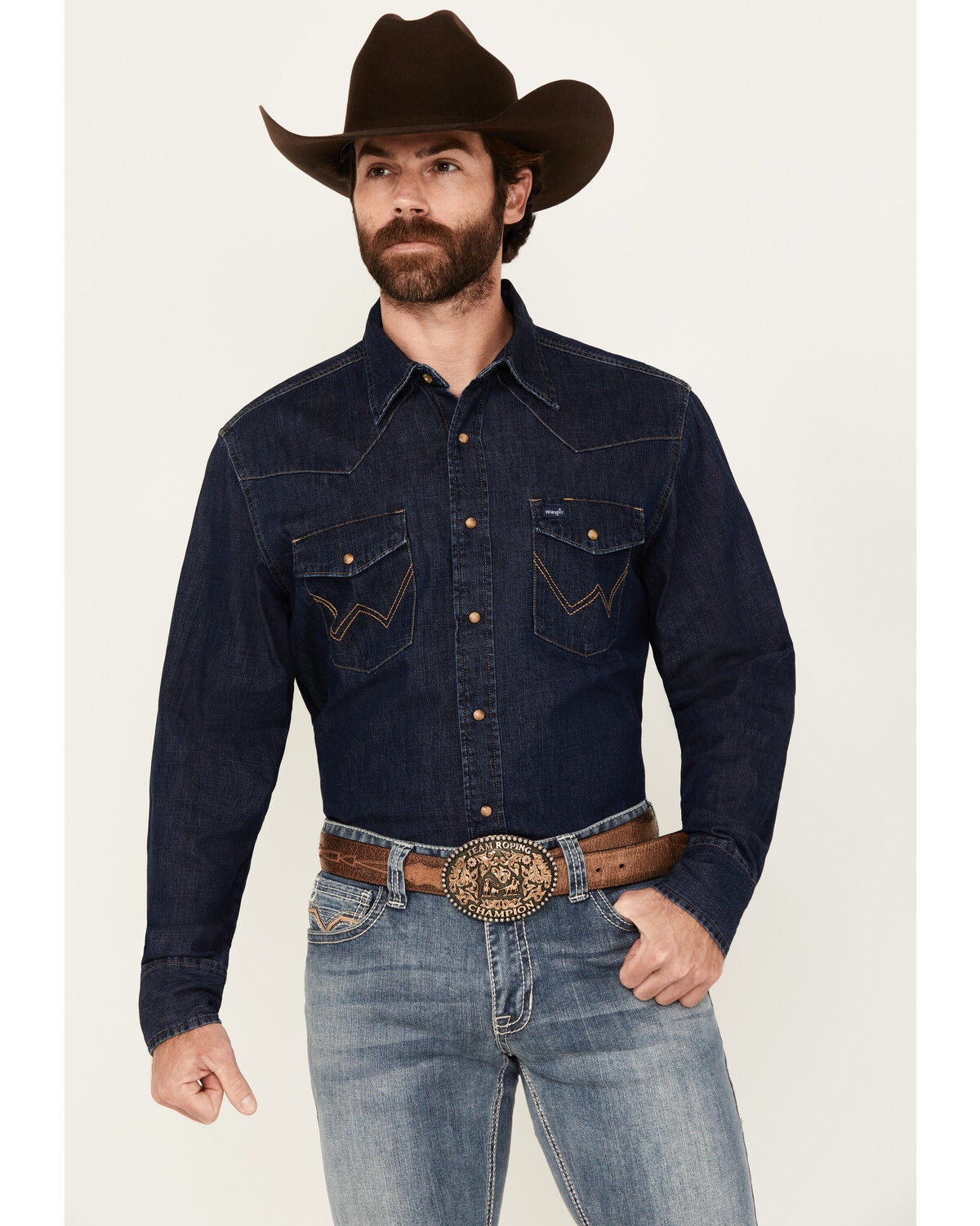 Wrangler Men's Medium Wash Denim Long Sleeve Snap Western Shirt, Medium Wash, hi-res