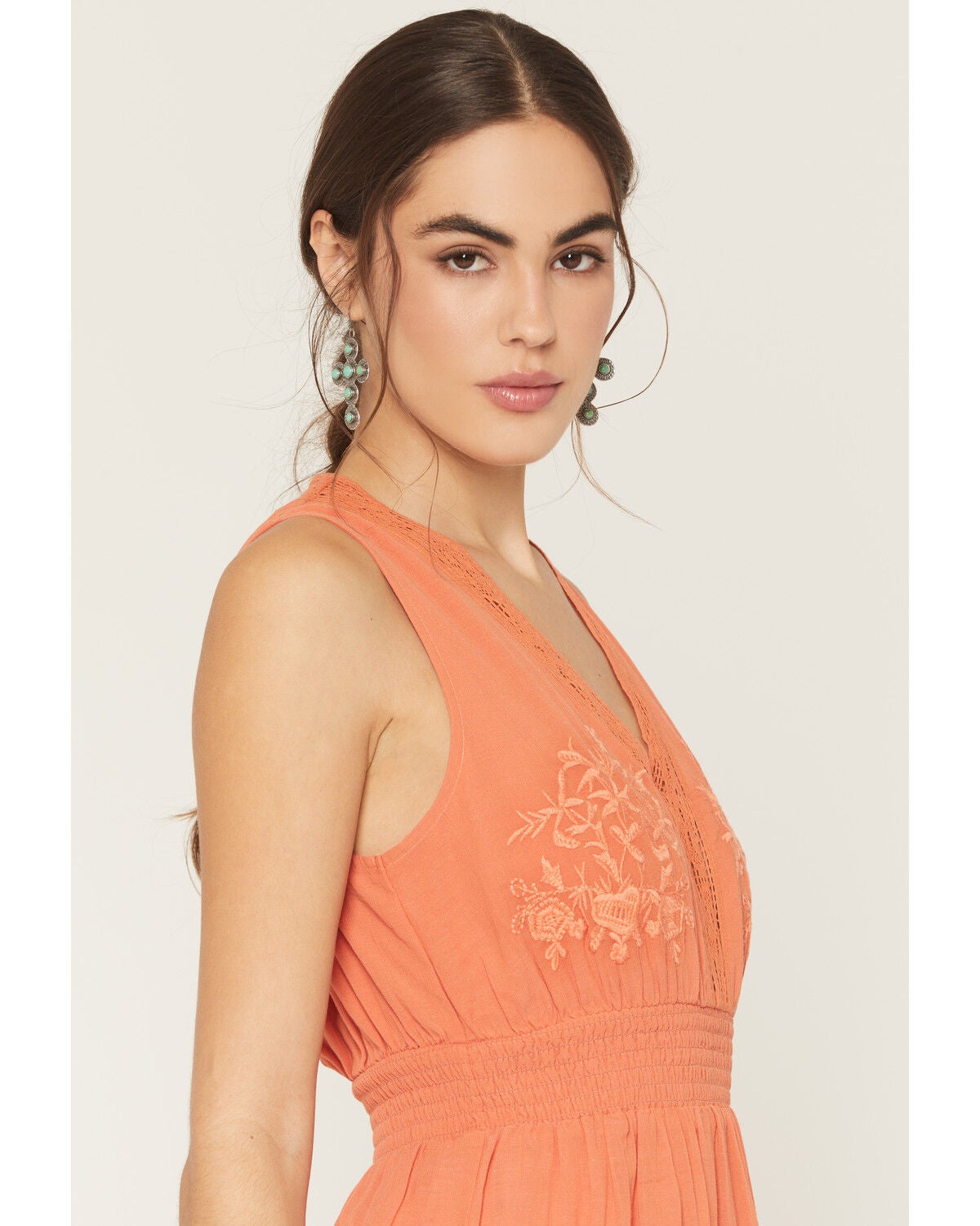 Image #2 - Shyanne Women's Embroidered Sleeveless Smocked Waist Mini Dress, Coral, hi-res