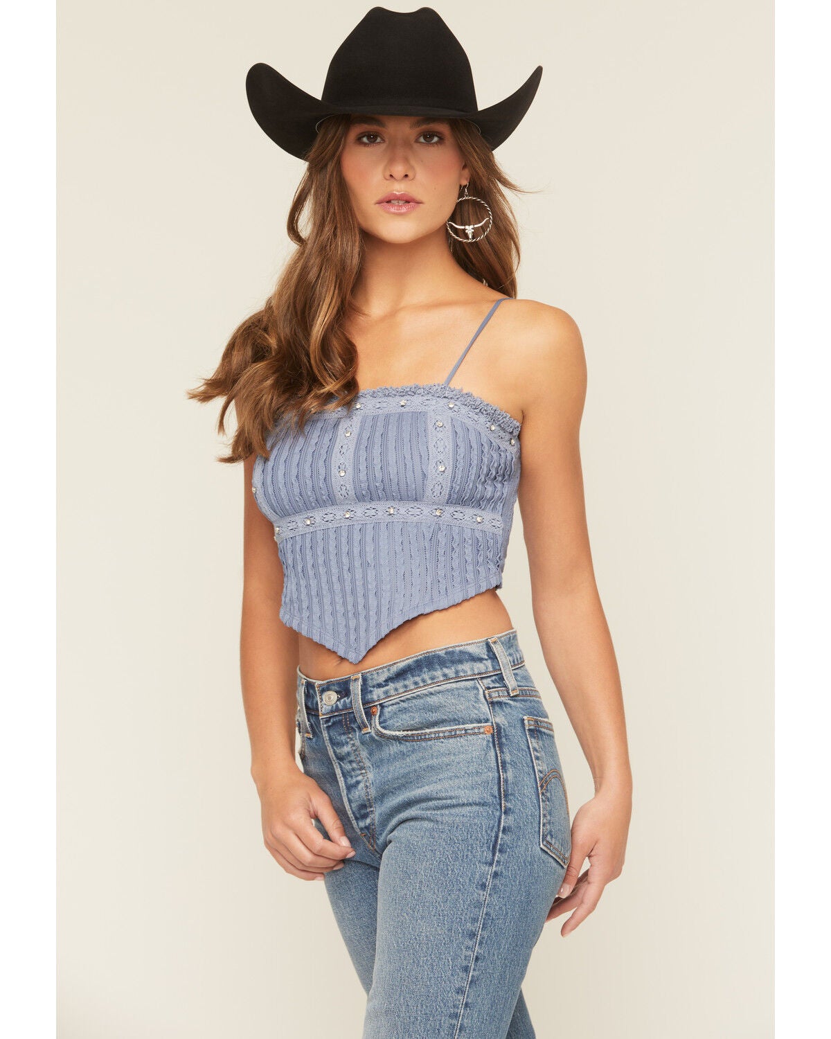 Miss Me Women's Studded Cropped Tank Top, Blue, hi-res