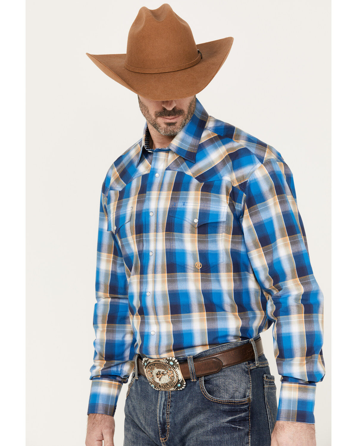 Image #2 - Roper Men's Amarillo Plaid Print Long Sleeve Western Snap Shirt, Blue, hi-res