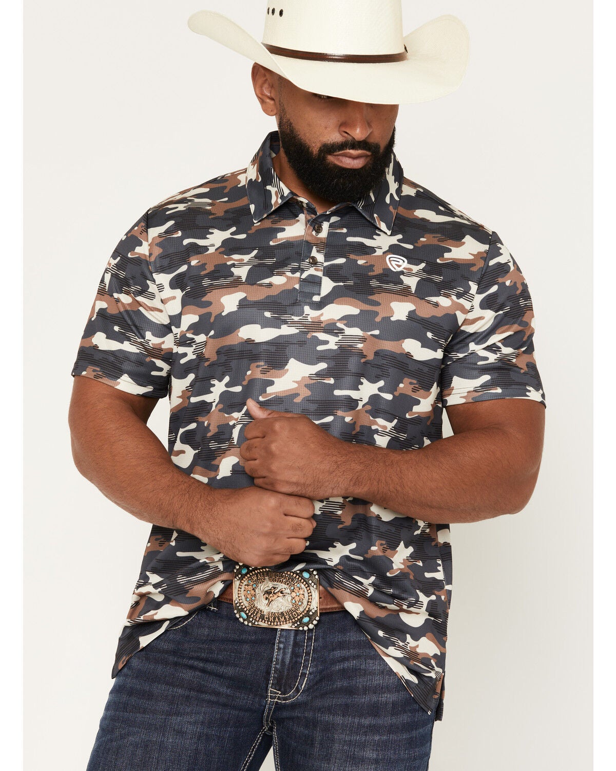 Image #1 - Rock & Roll Denim Men's Camo Print Short Sleeve Button-Down Polo Shirt, Charcoal, hi-res