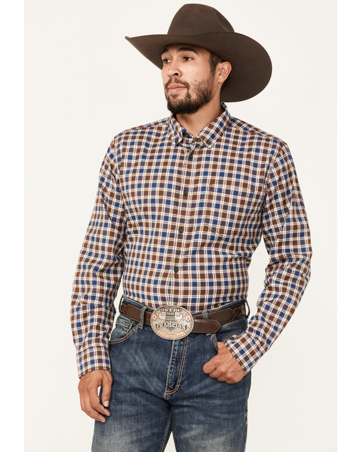 Image #1 - Cody James Men's Hound Dog Plaid Print Long Sleeve Button-Down Western Shirt - Tall, Chocolate, hi-res