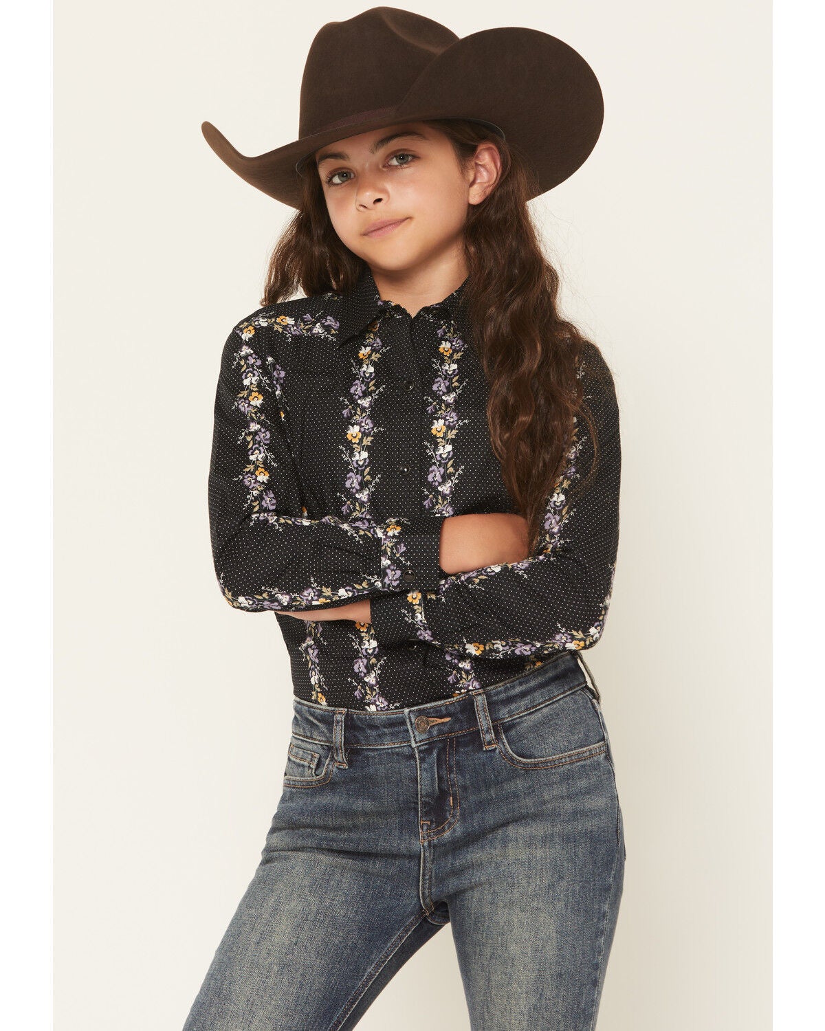 Cruel Girl Girls' Floral Wallpaper Print Long Sleeve Snap Western Shirt, Black, hi-res
