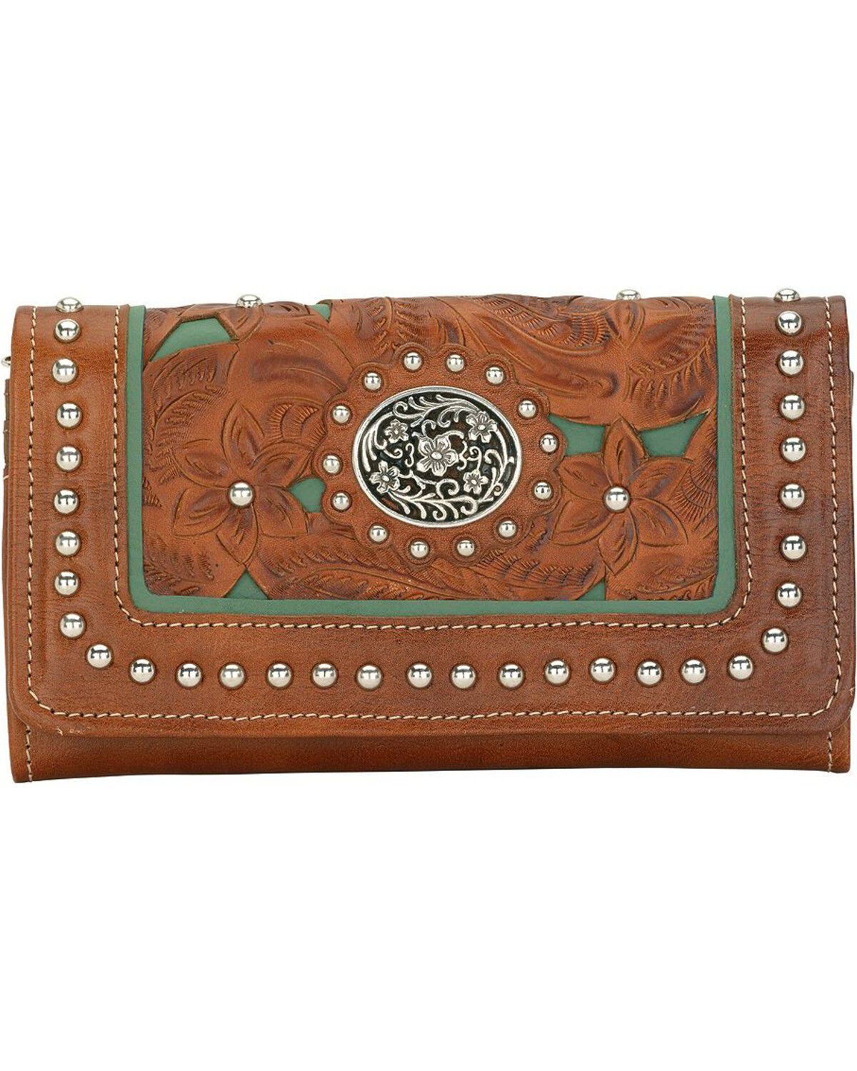 American West Lady Lace Tri-Fold Leather Wallet, Brown, hi-res