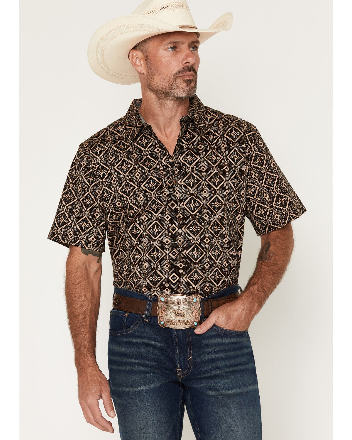Image #1 - RANK 45&reg; Men's Free Hand Medallion Print Short Sleeve Button-Down Stretch Western Shirt, Black, hi-res