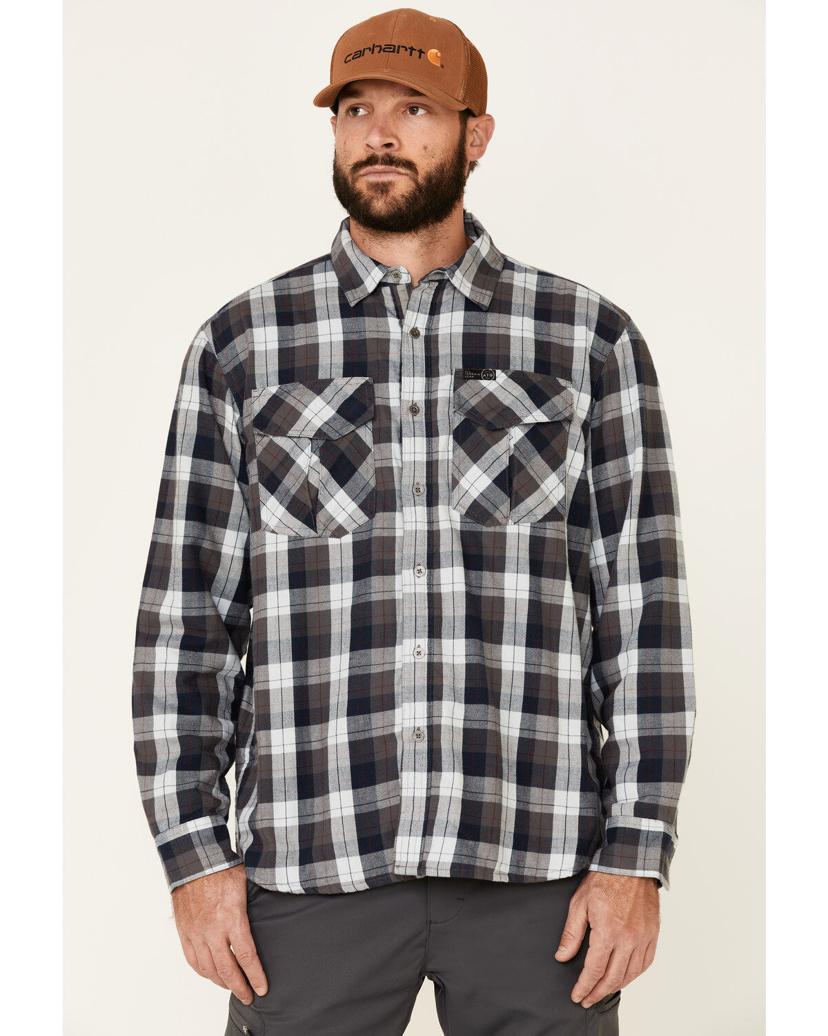 Image #1 - ATG by Wrangler Men's All Terrain Cabernet Plaid Long Sleeve Western Flannel Shirt, Red, hi-res