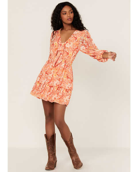 Image #2 - Flying Tomato Women's Floral Print Long Sleeve Tiered Dress, , hi-res