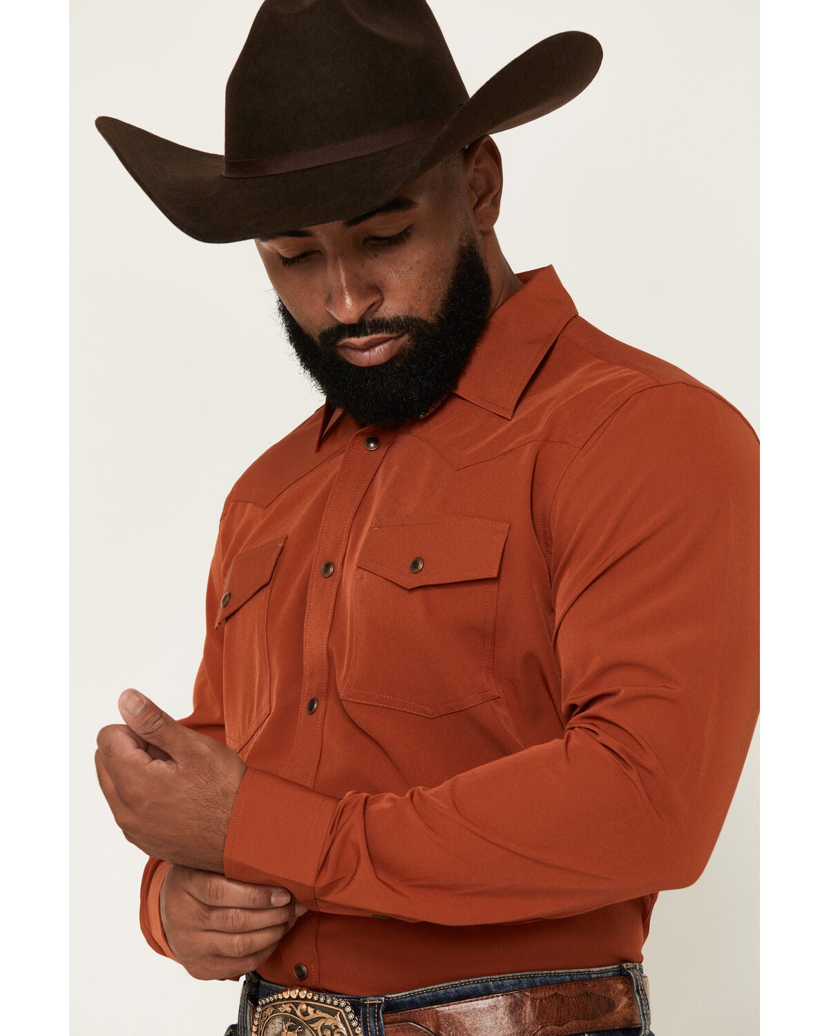 Image #2 - RANK 45&reg; Men's Rodeo Tech 2.0 Remming Solid Long Sleeve Stretch Performance Shirt, Rust Copper, hi-res