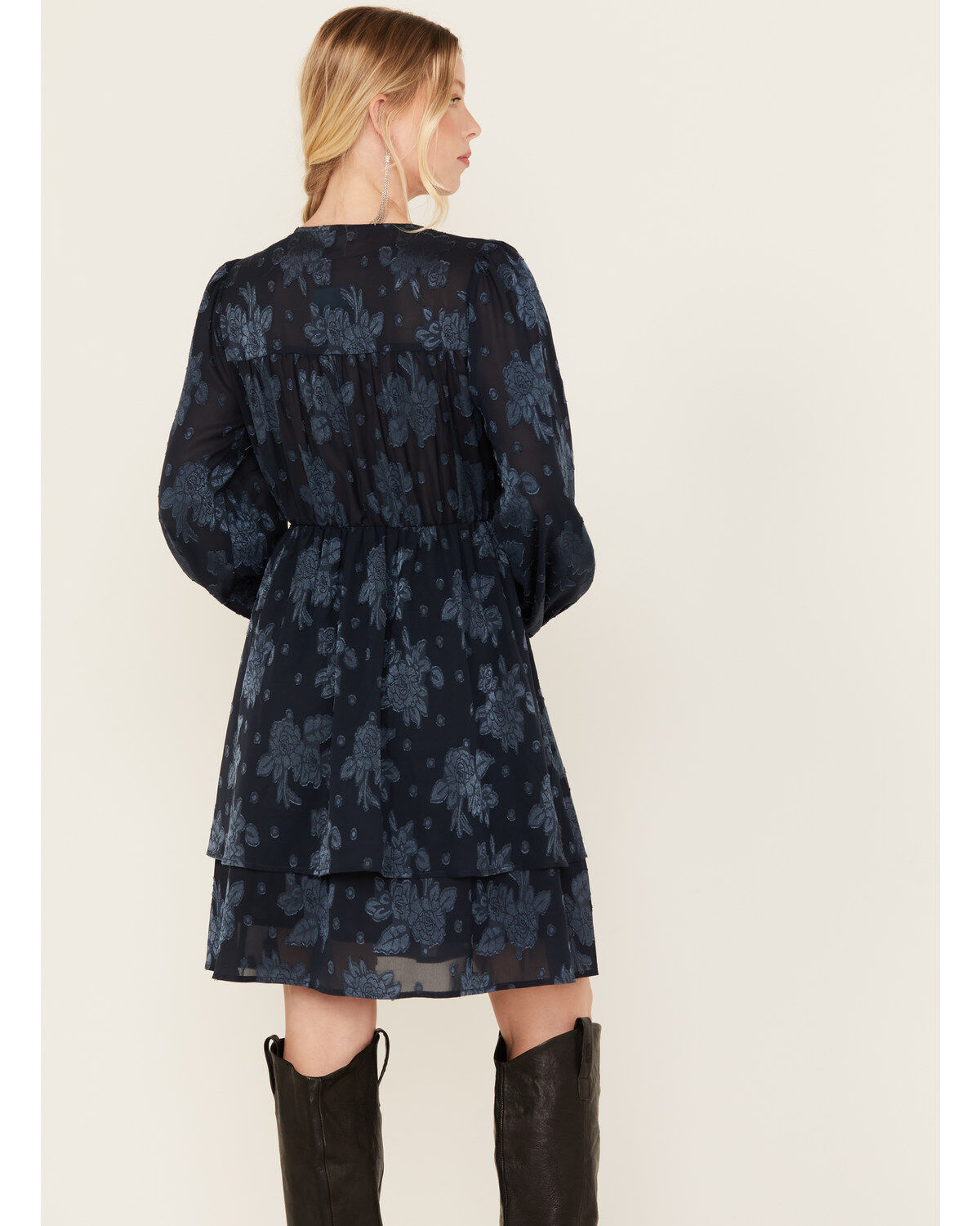 Image #4 - Yura Women's Long Sleeve Floral Tier Mini Dress, Navy, hi-res